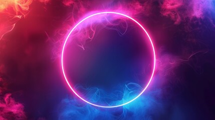 Obraz premium Abstract neon background with glowing oval shape and spinning cloud. Blank geometric frame