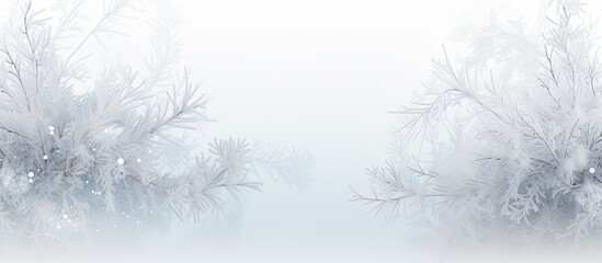 Obraz premium Merry Christmas and Happy New Year greeting background with copy space image featuring frost and snow-covered tree branches on a white backdrop.