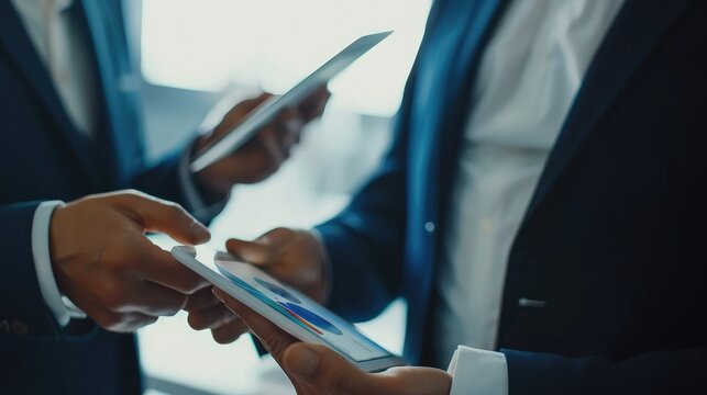 Business people reviewing digital analytics on a tablet, discussing company performance