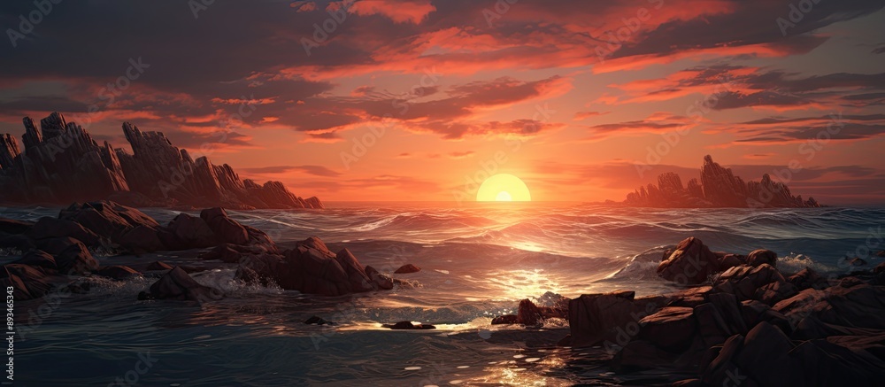 Aufkleber Capture rocks in the sea at sunset with a suitable spot for adding text or a logo in the image.