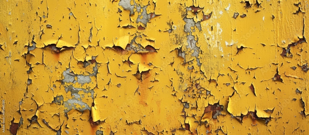 Poster A close-up image of rust spreading across a weathered yellow wall with chipped paint, there is a vast, open space for text or logos.