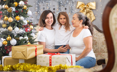 Fototapeta premium Grandmother mom and daughter on sofa in Christmas interior