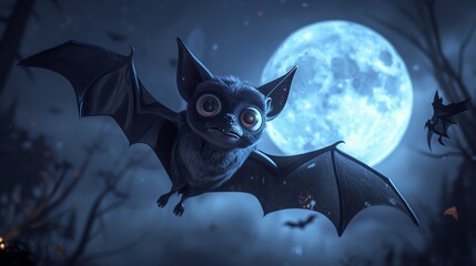Cute bat flying in a spooky night sky with a full moon backdrop, creating a whimsical and eerie atmosphere.