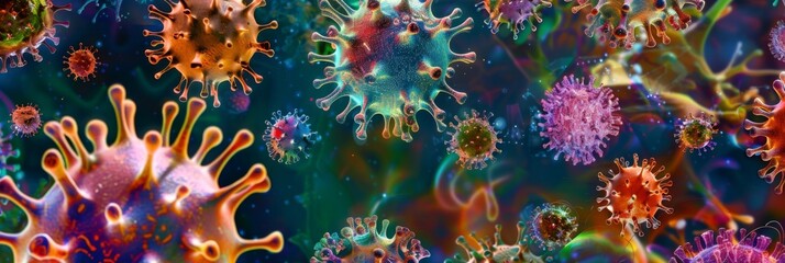 Fototapeta premium Colorful Viruses under microscope, Dangerous influenza or coronavirus cells for background