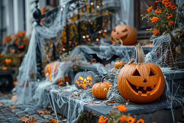 The yard of a house is decorated with pumpkins for the Halloween holiday, featuring cobwebs, bats, and a festive atmosphere. The scene captures the spooky and celebratory essence of Halloween, perfect
