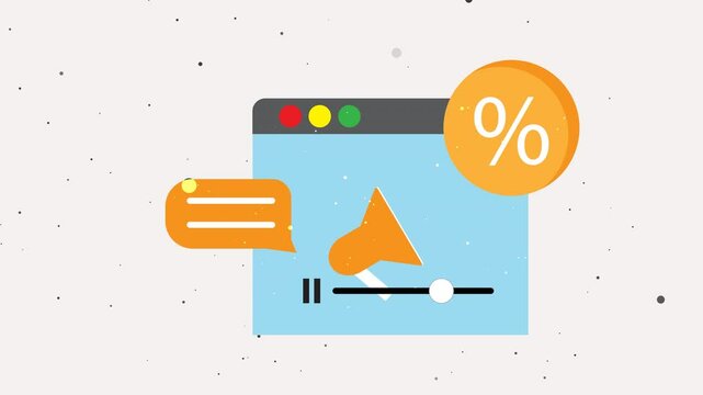 Animation 4k ads icon of technology concept design elements  browser, percentage symbol, speaker, chat bubble, pause button, slider. Perfect for website design projects.