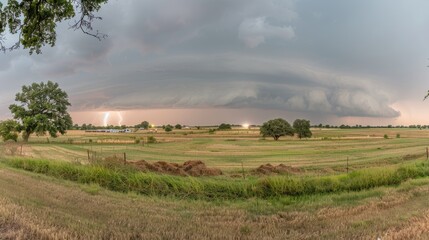 Fototapeta premium Dark storm clouds gather over a field of tall green grass with a flash of lightning in the distance