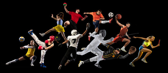 Creative set, collage with different athletes, man and woman practicing various spot isolated on...