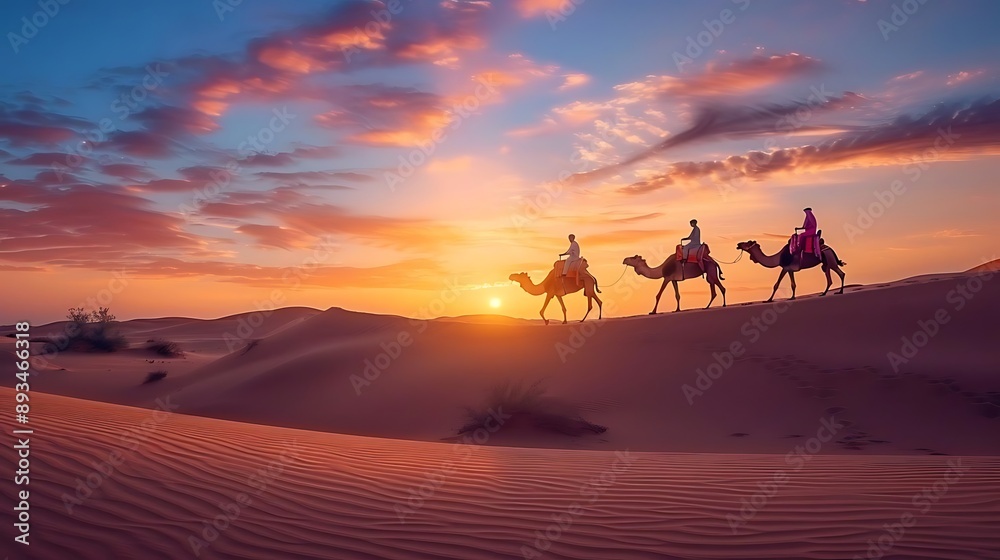 Wall mural Desert Sunset with Camels and Riders - Photo