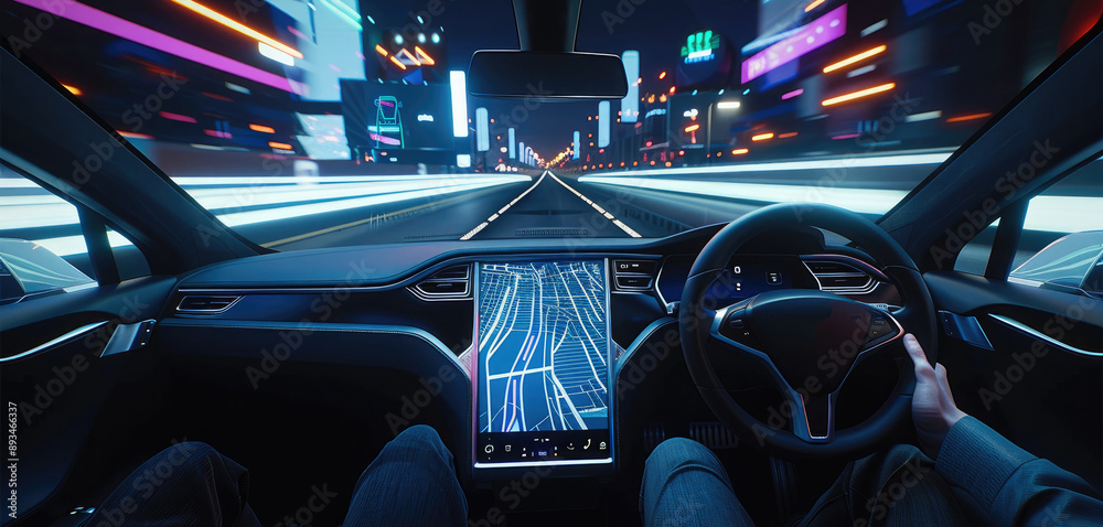 Poster A driver view of a high way in a future car, a digital screen to show route. Generative AI.