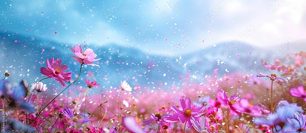 Aufkleber Vivid colors in a winter nature scene with a cosmos flower field provide a picturesque view for a backdrop in an image with space for text.