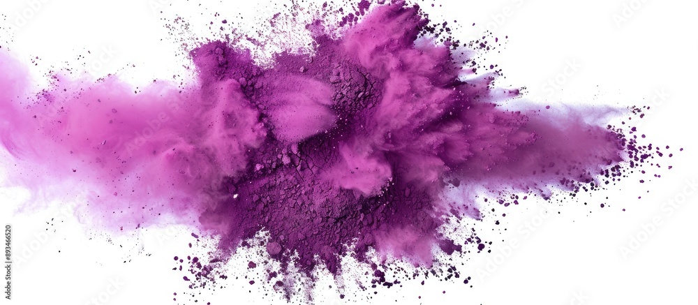 Poster Capture the dynamic explosion of purple color powder on a white background in a stunning copy space image.
