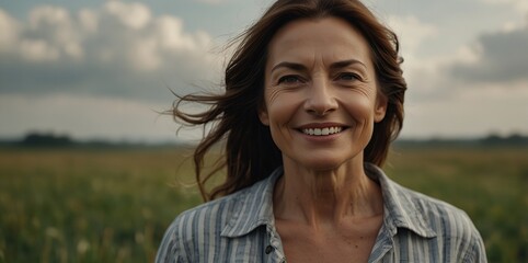Happy mature woman portrait in middle of beautiful nature field with copy space