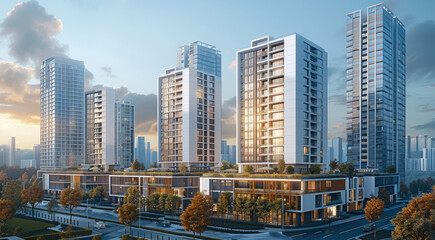 A modern cityscape featuring a cluster of high-end apartment buildings. The buildings tall and sleek, with multiple floors, a contemporary design with clean lines and sophisticated finishes.