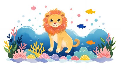 Lion's Aquatic Kingdom Fairytale watercolor-style illustrations