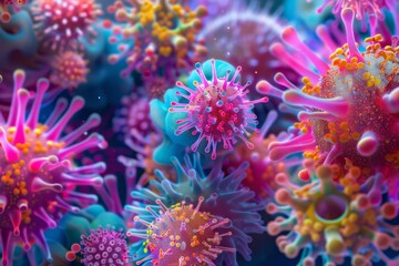 Obraz premium Colorful Viruses under microscope, Dangerous influenza or coronavirus cells for background