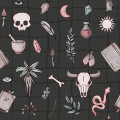Mystery witch art watercolor seamless pattern. Occult boho hand draw digital art on black background. Print for wrapping paper, stationery, wall art, cover, wallpaper, fabric