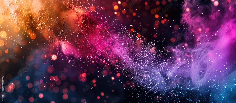 Poster Colorful powder splattered on a black backdrop with a frozen motion effect, displaying a multicolored glittery texture in a copy space image.