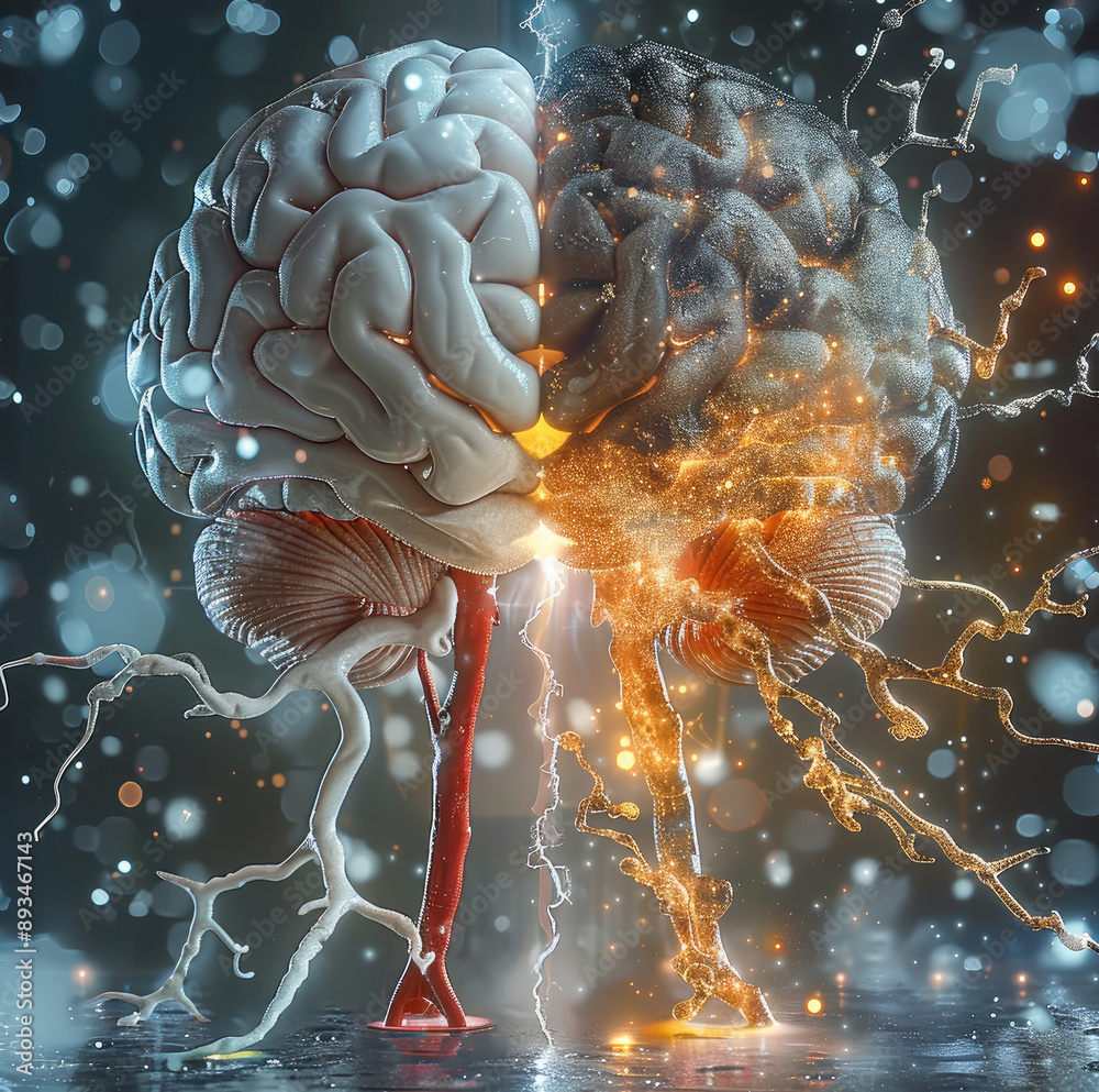 Aufkleber A bad brain that has Alzheimer on the left then a great healthy brain which is better, use neurons and activity. Generative AI.