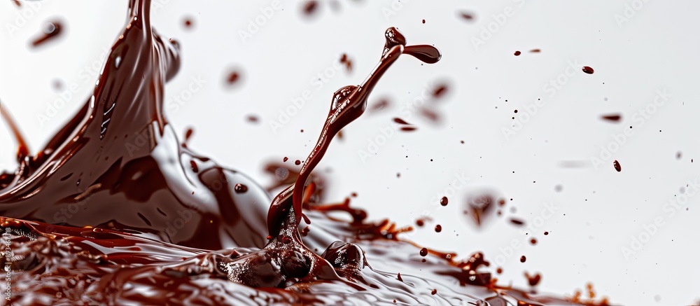 Poster Close-up view of chocolate flowing on white background with copy space image.