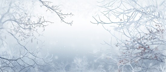 Merry Christmas and Happy New Year greeting background with copy space image featuring frost and snow-covered tree branches on a white backdrop.