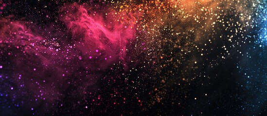 Naklejka premium Colorful powder splattered on a black backdrop with a frozen motion effect, displaying a multicolored glittery texture in a copy space image.