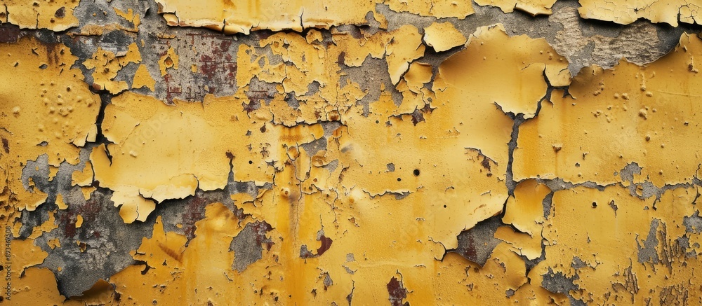 Poster A close-up image of rust spreading across a weathered yellow wall with chipped paint, there is a vast, open space for text or logos.