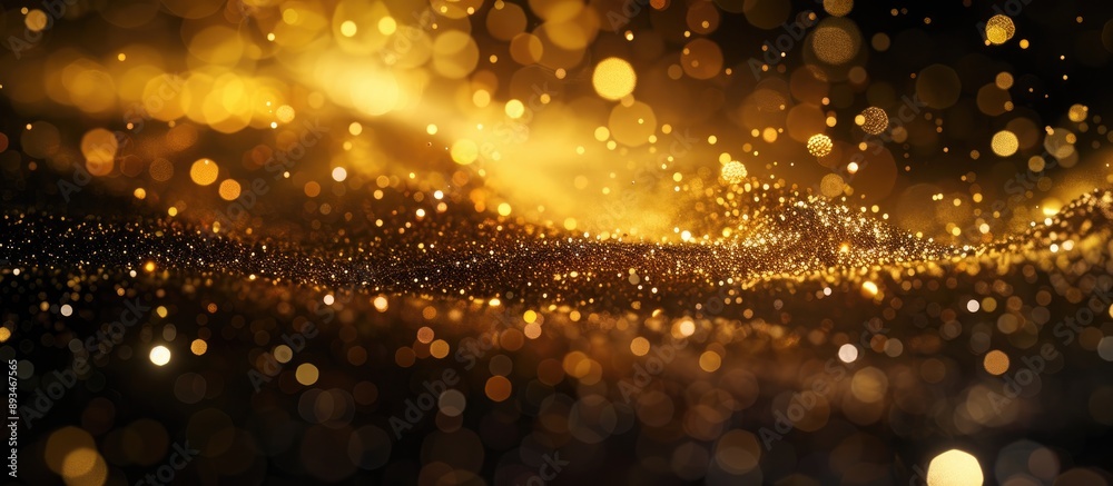 Poster bokeh effect on black backdrop with abstract golden powder, creating a festive ambiance perfect for 
