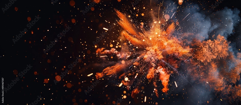 Poster a vibrant explosion resembling a bright firework with orange hues, scattered sparks, and smoke, set 