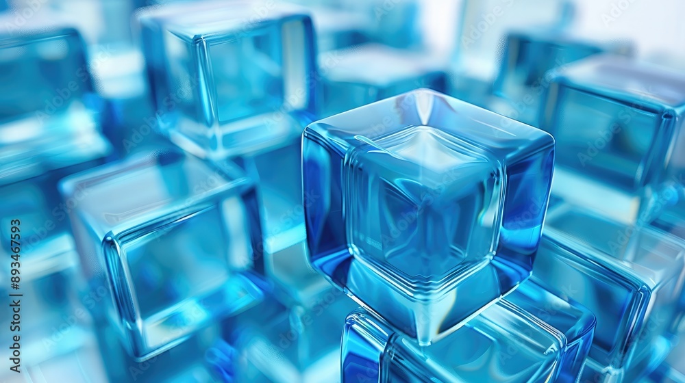 Poster 3d animation of transparent blue glass cubes arranged in an abstract composition on a white backgrou