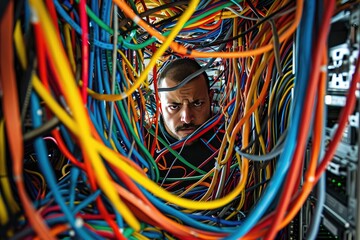 Man Surrounded by Colorful Cables