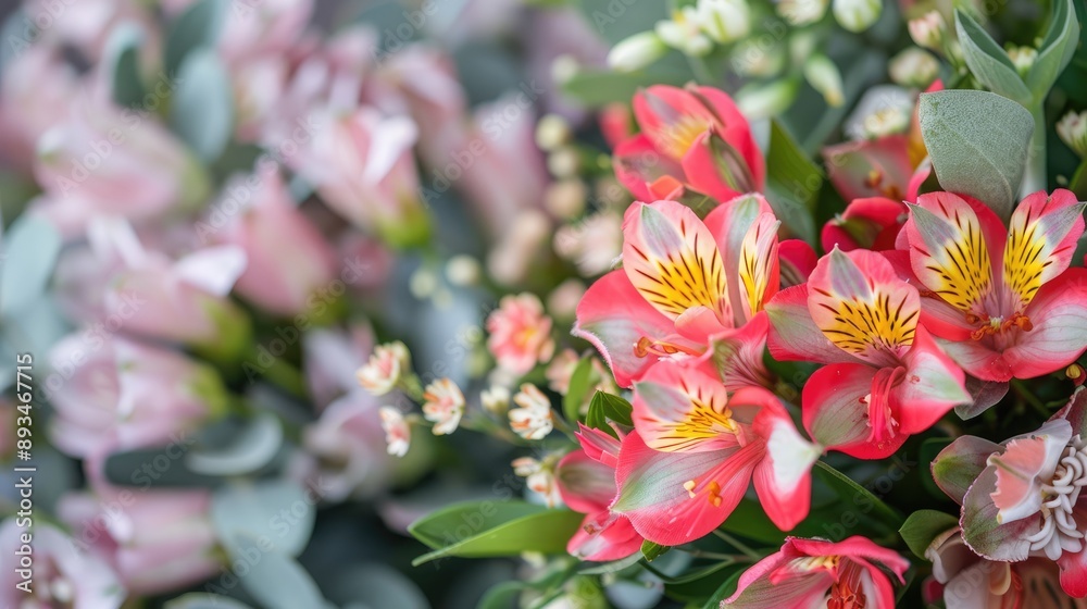 Wall mural Elegant alstroemeria and cineraria arrangement. Perfect for Mother's Day, Valentine's, and Birthdays. Close-up view, copy space