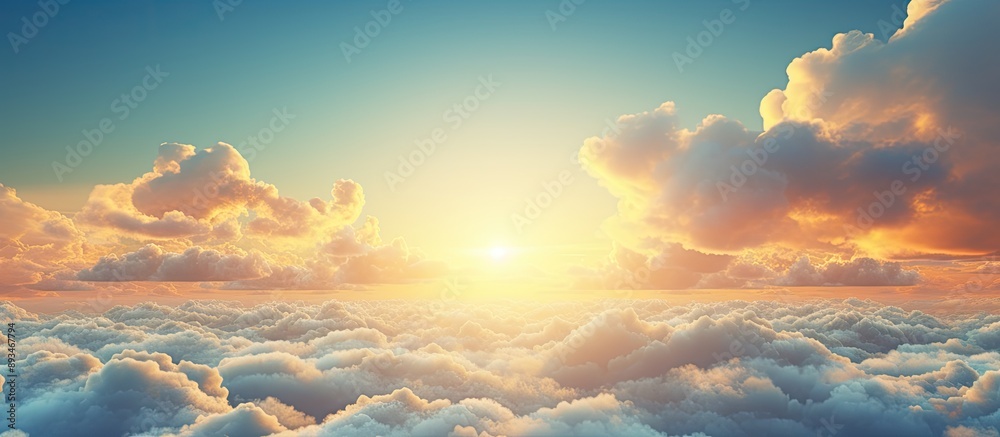 Poster golden clouds illuminated by the evening sunlight against a blue sky provide a tranquil ambiance in 
