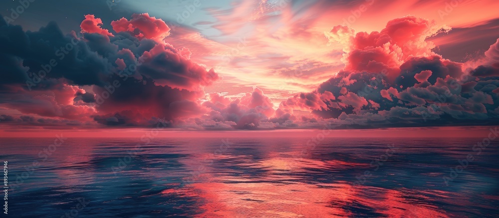 Poster Red clouds above the ocean with a horizontal orientation suitable for various text designs within the copy space image.