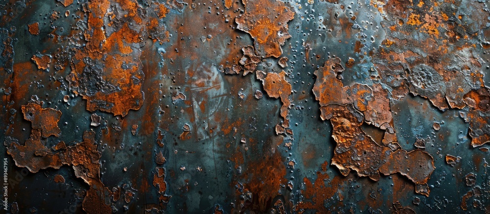 Poster decaying steel sheet with rust, flaking paint, and corrosion for background with copy space image.