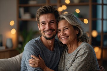 Fototapeta premium Happy, boy and mother hugging in home with love, bonding and together for relationship with caring embrace. Relaxing, family and apartment for childcare or parent, affection and kid smiling in house