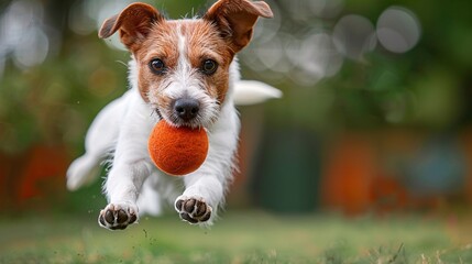 Powerful leap of a dog catching a ball mid-air during a contest event, showcasing athleticism and action