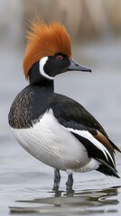 A d duck stands in shallow water with its head turned to the left. The duck is in focus, with a blurred background of green grass and water