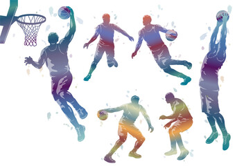 Basketball Players Colorful Gradation Silhouette Set Isolated On A White Background. Vector Illustration. 