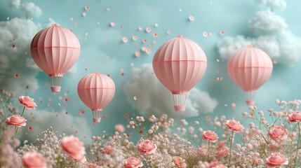 Fototapeta premium Pink Hot Air Balloons Flying Over a Field of Flowers