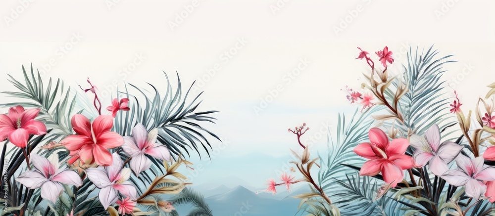 Poster exotic backdrop with palm fronds and blossoms in a copy space image.