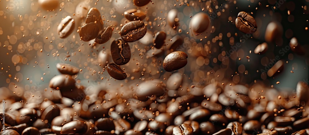 Aufkleber Coffee beans with a rich hue falling and spinning in close-up view, creating a captivating visual with copy space image.