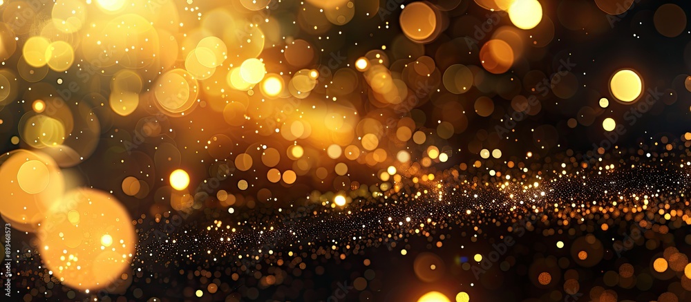 Poster Bokeh effect on black backdrop with abstract golden powder, creating a festive ambiance perfect for Christmas and New Year celebrations. Ideal for a copy space image.