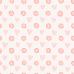 Abstract seamless pattern with pastel freehand doodles. Background for children or trendy design with dots and heartsshapes.