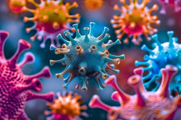 Fototapeta premium Colorful Viruses under microscope, Dangerous influenza or coronavirus cells for background