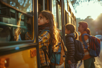 Children boarding a school bus waiting at a stop to take them to school, capturing the routine of a school day and the anticipation of learning. The scene highlights the excitement and readiness of st