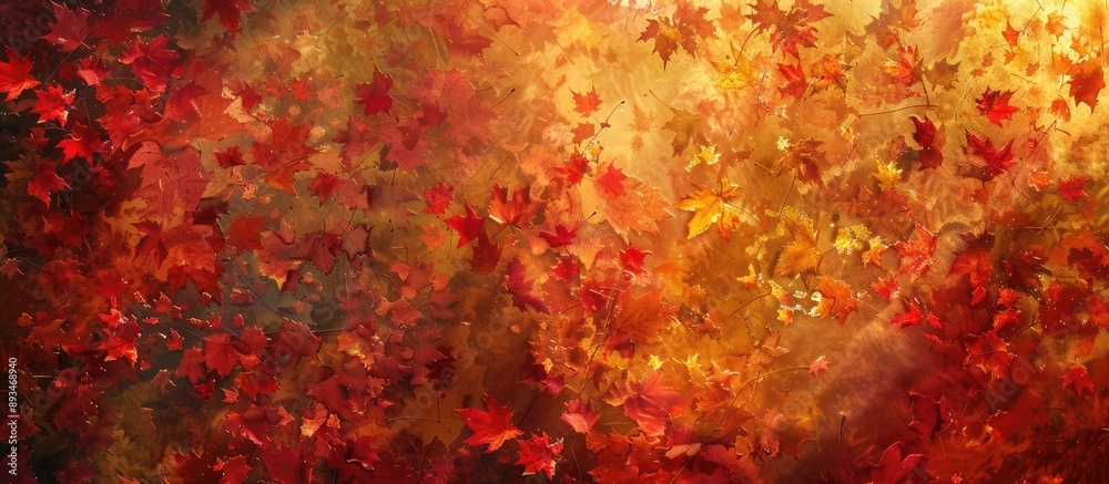 Aufkleber fall foliage with red and yellow hues, bathed in sunlight, creating a backdrop with space for text o