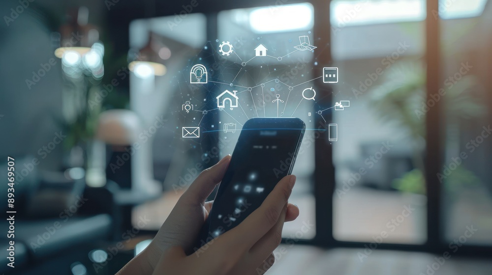Poster a hand holding a smartphone with various smart home icons displayed on the screen