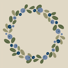 Round frame with Blueberry and leaves. Hand drawn elegant plants for invitation, save the date card.