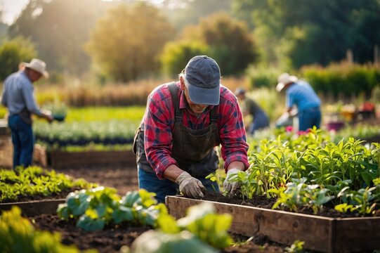 Happy farmers or gardeners working outdoors at community farm